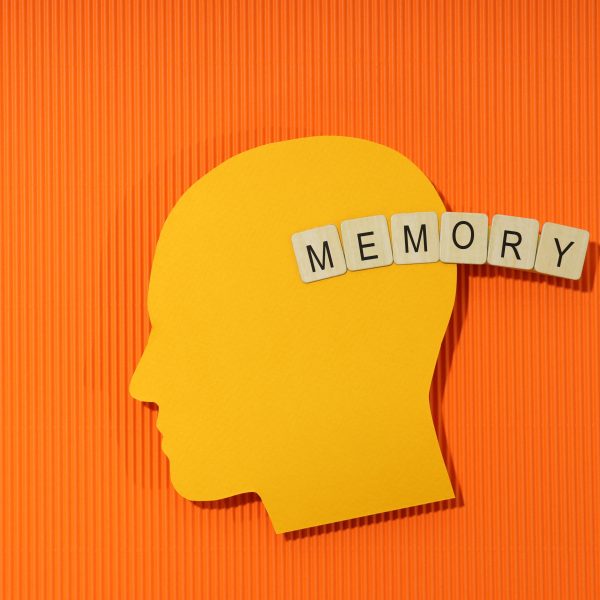 Illustration des effets du Lion's Mane sur la mémoire avec une silhouette de tête en papier jaune et le mot "MEMORY" écrit en lettres de Scrabble. Ce champignon nootropique est reconnu pour améliorer la concentration et soutenir les fonctions cognitives.